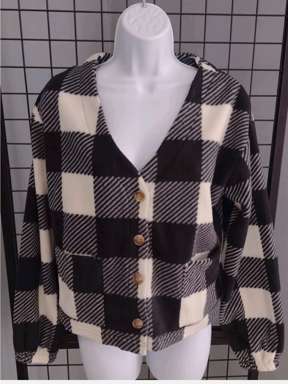 C&C California Fleece Cardigan Woman's 2X Plaid Black White Cropped Pockets